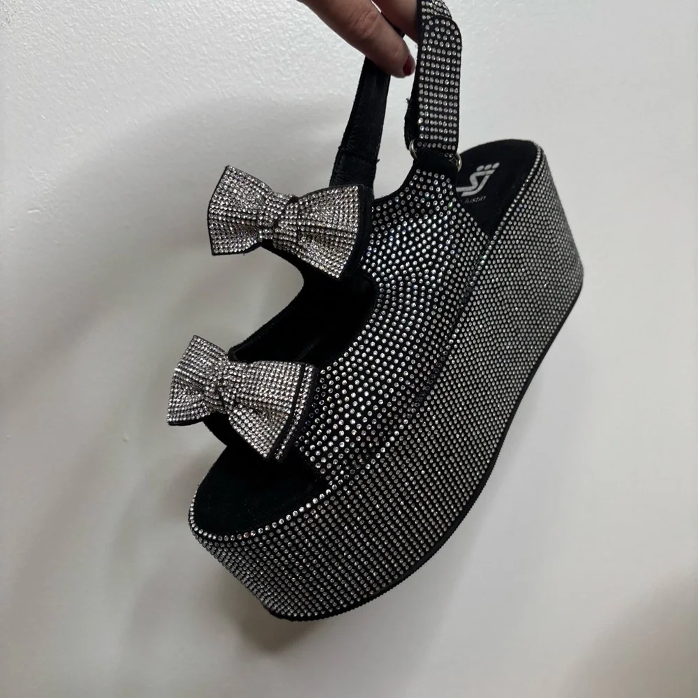 Platform Wedge Sandals with Bow Accent - Black Crystal